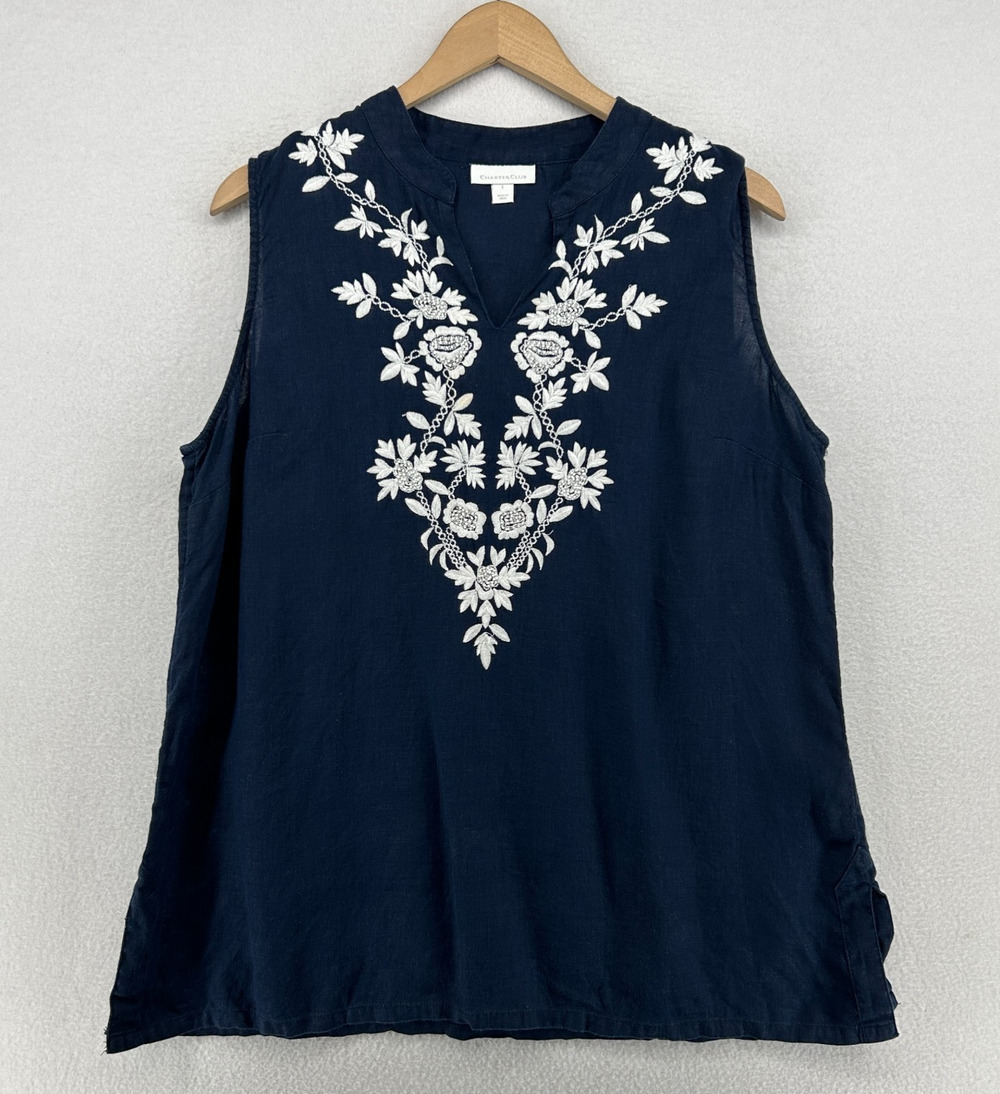 CHARTER CLUB Tunic Women L Linen Floral Embroidered Notch V-Neck Sleeveless Blue